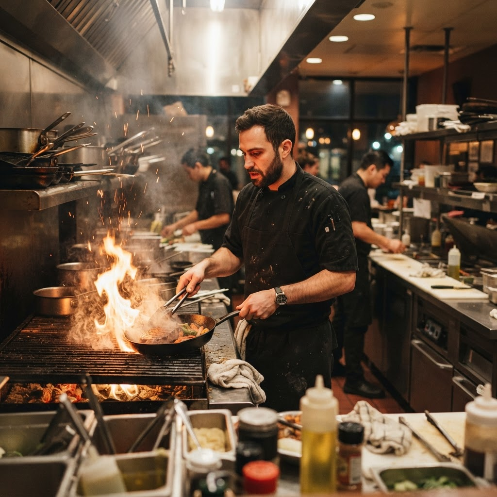 Cozinha aberta com fogo na grelha
